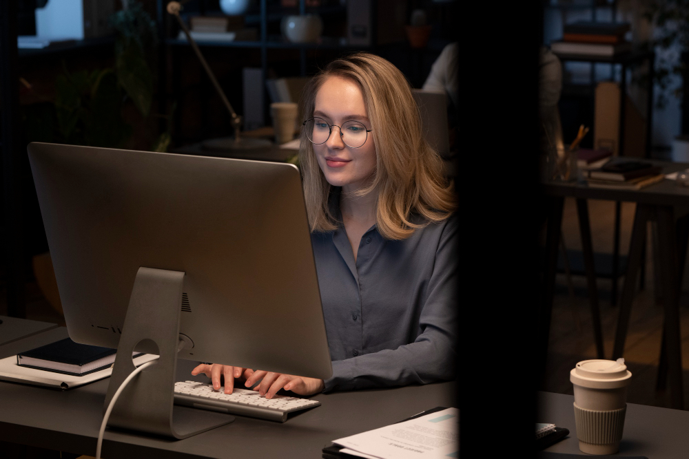 woman with glasses using computer